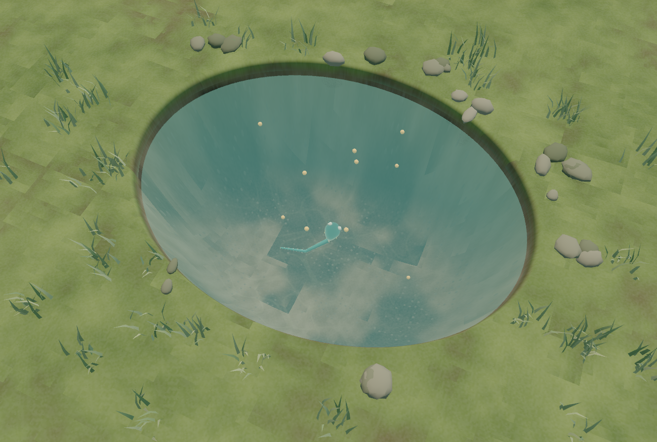 A teal tadpole swimming through a natural 3D pond with golden food pellets at different depths.